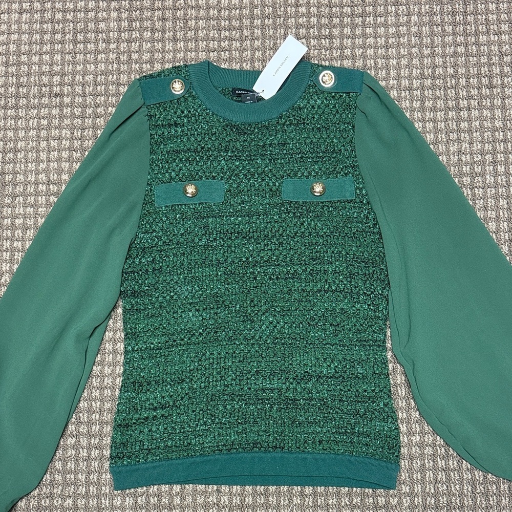 Karen Millen Emerald Knit Top with Chiffon Sleeves NWT Sz XS